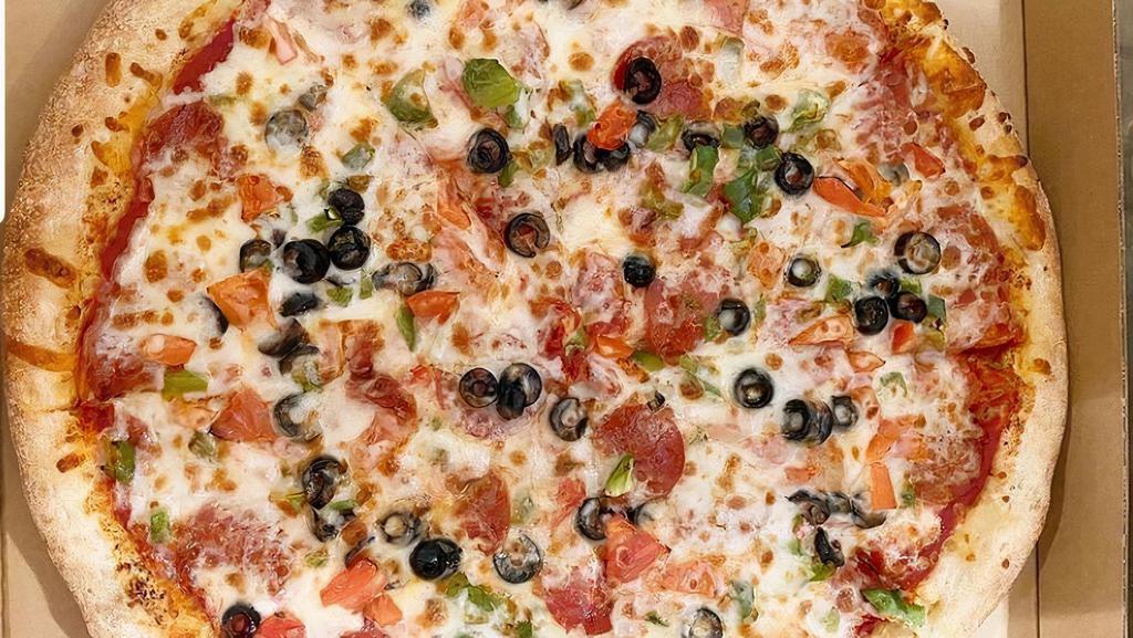 The Meal Buster Pizza (Small (10-Inch)) · Our secret recipe pizza sauce topped with pepperoni, Italian sausage, fresh mushrooms, fresh green peppers, fresh onions, black olives and topped with an extra amount of our special blend of 100% fresh natural cheeses.