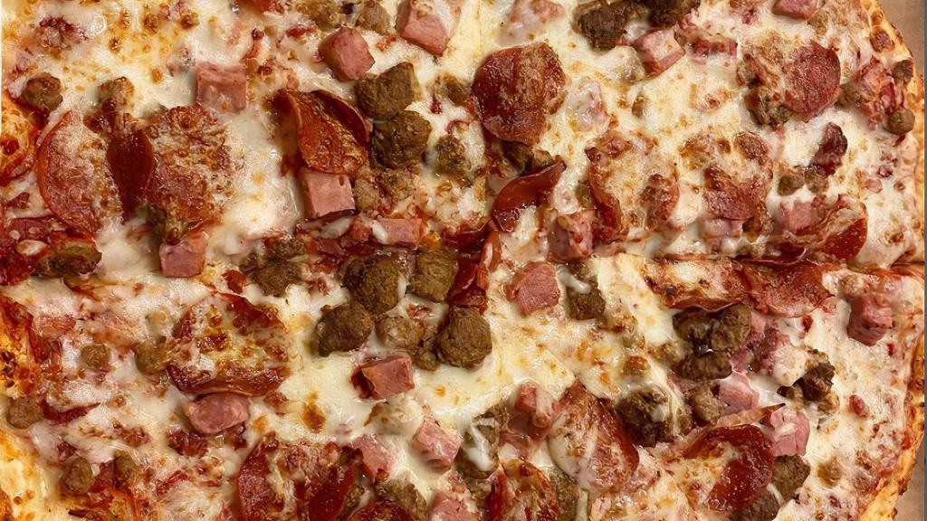 The Meatster Pizza (Small (10-Inch)) · Our secret recipe pizza sauce topped with pepperoni, Italian sausage, ground beef, Italian salami, ham, bacon and topped with an extra amount of our special blend of 100% fresh natural cheeses.