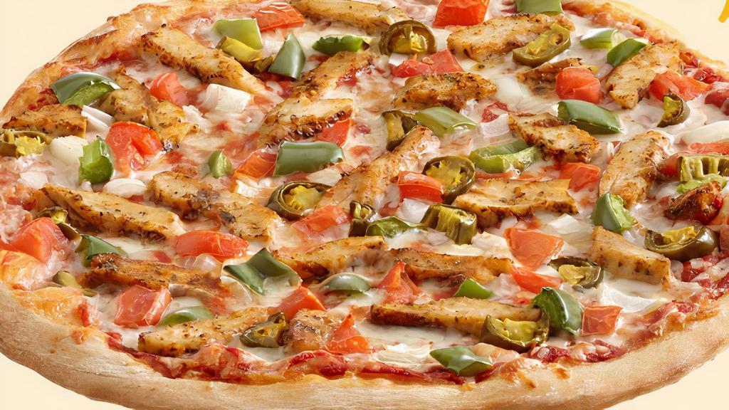 Chicken Fajita Pizza (Small (10-Inch)) · Our secret recipe pizza sauce topped with grilled marinated chicken breast, fresh tomatoes, fresh green peppers, fresh onions, jalapeno peppers and our special blend of 100% fresh natural cheeses, sprinkled with fajita seasoning.