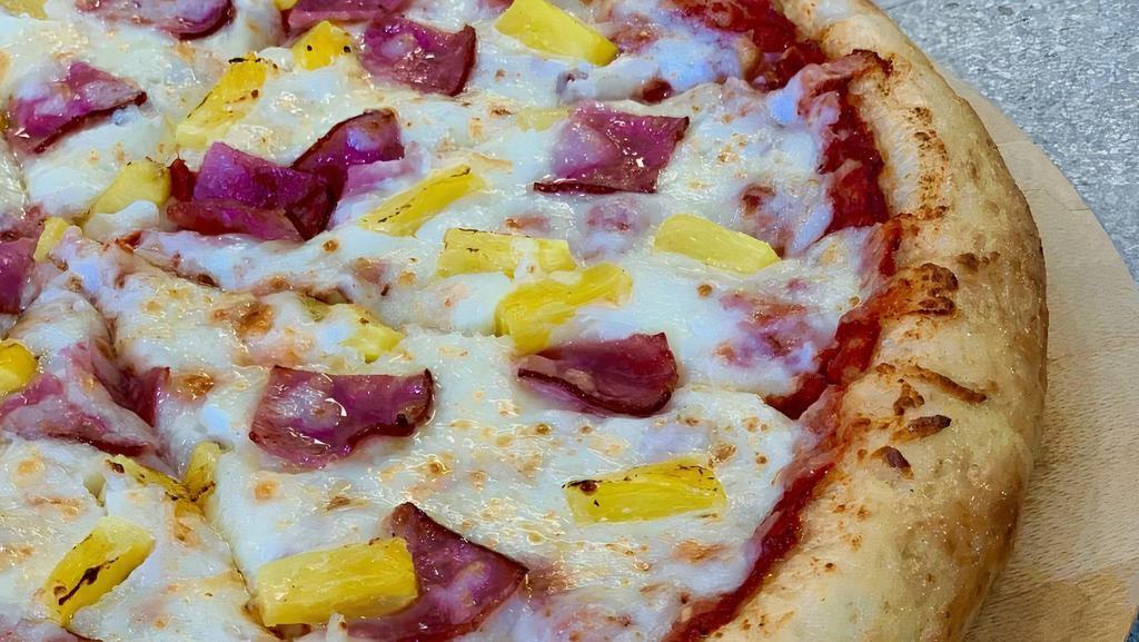 Hawaiian Pizza (Small (10-Inch)) · Our secret recipe pizza sauce loaded with ham, pineapple chunks and topped with an extra amount of our special blend of 100% fresh natural cheeses.