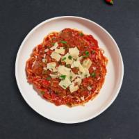 Spaghetti With Meat Sauce  · Fresh spaghetti served served with a meaty red sauce.