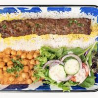 Beef Kubideh Platter · Beef Kubideh + Saffron Basmati Rice + Garden Salad + Chickpeas