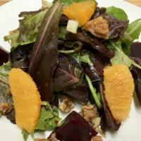 Roasted Beet Salad · mixed greens, shaved fennel, walnuts, orange segments, citrus vinaigrette.