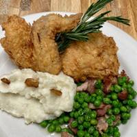 Southern Fried Chicken (Tuesday) · crispy fried Mama Mandola's recipe served with garlic mashed potatoes and peas with pancetta