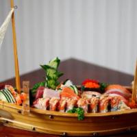 House Boat · Assorted 12 pieces of sashimi and 15 pieces of sushi with spider roll, spicy tuna roll and c...
