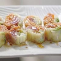 Alkin Roll (No Rice) · Fresh ahi tuna, salmon, yellowtail, 
spicy crab, cucumber and avocado 
rolled in a thin rice...