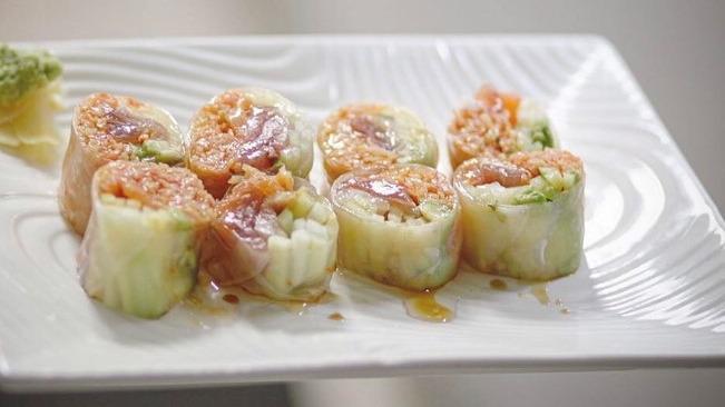 Alkin Roll (No Rice) · Fresh ahi tuna, salmon, yellowtail, 
spicy crab, cucumber and avocado 
rolled in a thin rice paper.