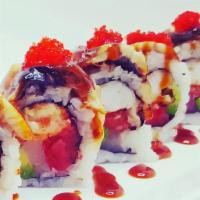 Konomi Roll · Seared scallop, spicy tuna, shrimp 
tempura, avocado topped with eel 
and tobiko with eel sa...