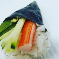 California Hand Roll · Traditional one piece cone shaped hand roll with avocado, cucumber and crab