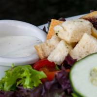 Side House Salad · heritage blend lettuce + tomatoes + croutons + cucumbers + choice of dressing