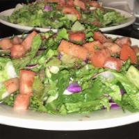 Greek Salad (Large) · Vegetarian. Romaine lettuce, onions, tomatoes, feta cheese, olives, and beets. Topped with o...