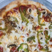 Works · Pepperoni, sausage, mushroom, green peppers, and onion.