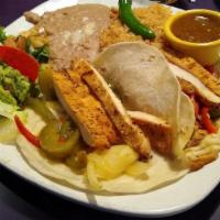 Chicken Fajita Tacos · Mesquite grilled chicken breast, sautéed bell peppers and onions, pico de gallo, and guacamo...