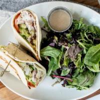 Turkey On Grilled Flatbread · Baby Swiss, Avocado, Red Onion, Butter Lettuce, Tomato, Hummus
