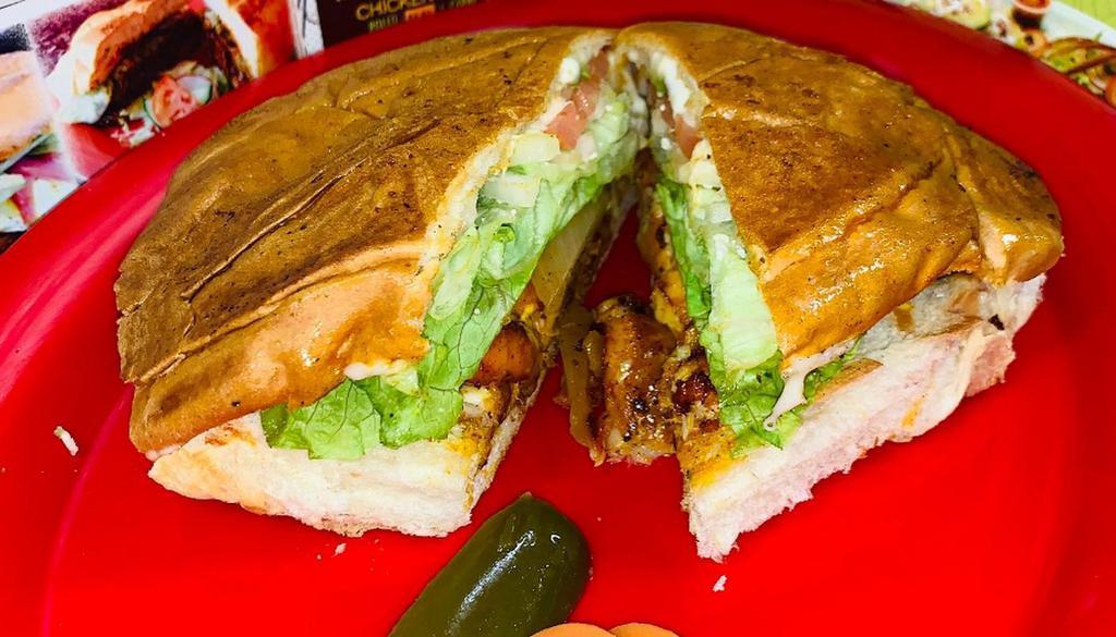 Torta/Pastor · Pork marinated with Mexican herbs adobo sauce and pineapple, All the Tortas come with french bread, lettuce, avocado, tomatoes, grilled and raw onions, mayonnaise, mustard, cheese, chilies in vinagre.