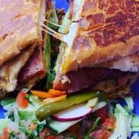 Torta/Jamon · Ham with a fresh omelette, All the Tortas come with french bread, lettuce, avocado, tomatoes...