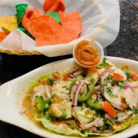 Ceviche/Mix · Ceviche mix comes with fresh Tilapia and Shrimp that's marinated in fresh lime juice and Gin...