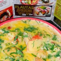 Sopa De Mariscos · 32.oz/Seafood soup comes with Crab meat,Shrimp, Calamari, Mussels, Tilapia, bell peppers, an...
