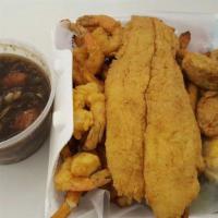 Seafood Platter · One piece of catfish, four butterfly shrimp and three fried oysters. Served with fries and s...