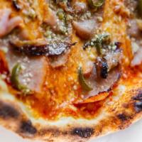 Piggyback · House-smoked Canadian bacon and belly bacon, tomato sauce, mozzarella, pickled smoked jalape...