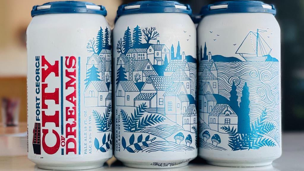 George City Of Dreams Pale Ale · 6-pack, 12-oz cans. 5.5% Once in awhile, you find that magical place. A creative confluence of scenic panoramas, bountiful lands, and independent spirit. A site on the edge of nowhere yet enticing to all, where cityscape ends and the open ocean begins. Whether you call it Shangri-La or Utopia or the City of Dreams, one thing is certain – this is the beer you will find there.
BREWER'S NOTES: Juice yeast, for a juicy quality. Plenty of wheat for a hazy mouthfeel. Tropical and citrus on the hops. As hoppy as an IPA, with the ABV of a Pale Ale.