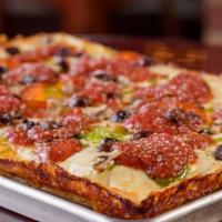 Mercury Pizza · Green peppers, onions, mushrooms,  cupping pepperoni, black olives, red sauce, Parmesan and ...