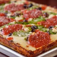 Chrysler Pizza · Fresh baby spinach, grape tomatoes, kalamata olives, feta cheese, red sauce, Parmesan and or...