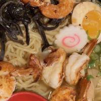 Truffle Ramen (Shrimp) · Tonkastu broth with Shio, Garnish with jumbo shrimp, kikurage mushrooms, memma, scallions, t...