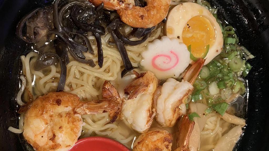 Truffle Ramen (Shrimp) · Tonkastu broth with Shio, Garnish with jumbo shrimp, kikurage mushrooms, memma, scallions, truffle oil, nori, half boiled egg and naruto.