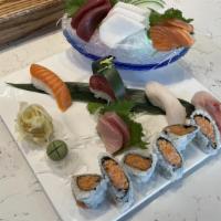 Platter A  Sushi & Sashimi · Nine pcs of sashimi,  four pcs sushi and one spicy crunchy salmon roll.