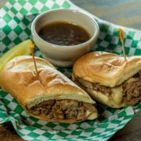 Blarney Dip · Seasoned tender roast beef on a grilled hoagie bun with garlic aioli and topped with melted ...