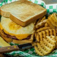 Belfast Barnyard · Grilled cottage bacon topped with melted American cheese and your choice of an over easy or ...
