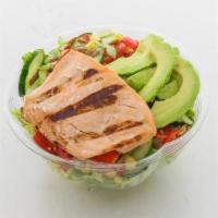 Cali Salmon · Romaine, Grilled Salmon, Tomato, Cucumber, Corn, and Sunflower Seeds!. Recommended Dressing:...