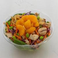Mandarin Chicken Salad · Spinach, Grilled Chicken, Carrot, Red Cabbage, Edamame, and Wonton Strips with Mandarin on t...