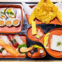 Sushi Bento (초밥벤토) · Assorted nigiri, shrimp and vegetable tempura, futo maki, grilled daily fish and tsukemono (...