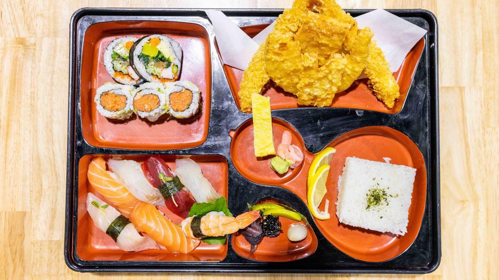 Sushi Bento (초밥벤토) · Assorted nigiri, shrimp and vegetable tempura, futo maki, grilled daily fish and tsukemono (pickles).