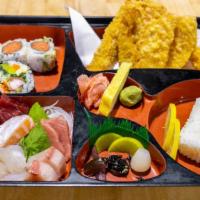 Salmon Bento (연어벤토) · Grilled salmon, gyoza, grilled veggies and assorted tempura.