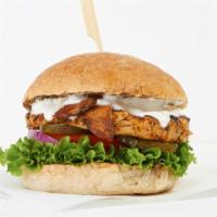 Crispy Hipcity Ranch · Battered chick’n, lettuce, tomato, onion, pickle, & peppercorn ranch