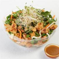 Udon Noodle Salad · Spicy glazed chick'n, sprouts, arugula, carrot, cabbage, daikon, scallions, peanuts, & chine...