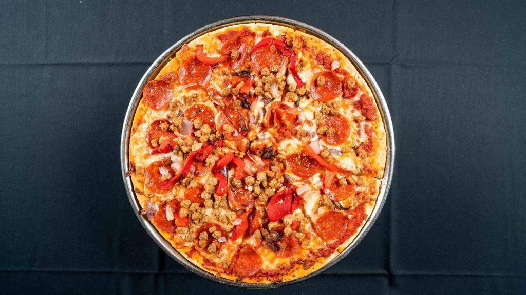 The Martini'S Supreme · Our original thin crust smothered with our own italian tomato sauce, loaded with fresh sausage, pepperoni, bell peppers, & Onions, topped with plenty of shredded mozzarella.