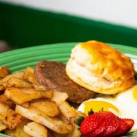 Big Breakfast Platter · Two large eggs cooked to order, choice of bacon or sausage, skillet fried potatoes, choice o...