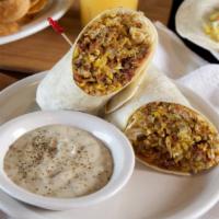 Country Breakfast Burrito · Egg, bacon, sausage, cheese, onion, and hash browns with sausage gravy.