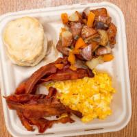 Make It A Platter · Two eggs, choice of bacon, sausage or scrapple, toast or biscuit and home fries.