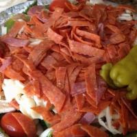 Antipasto Salad · Pepperoni and salami, romaine lettuce, olives, mushrooms, tomatoes, bell pepper, onions, pep...