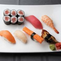 Sushi Sampler · Six pieces of nigiri sushi and a tekka maki.