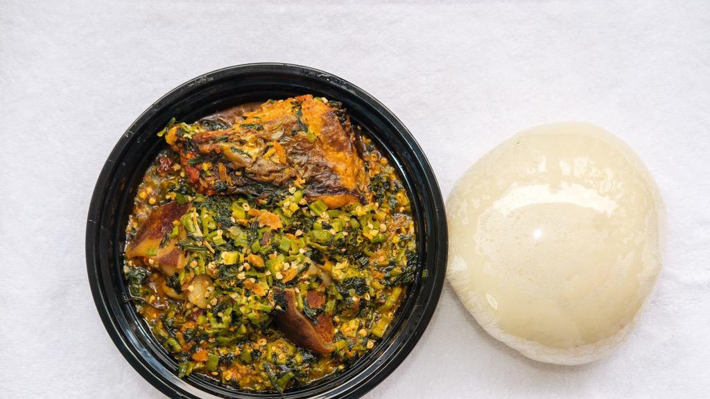 Pounded Yam And Okro Soup · Pounded Yam and Okro made with Goatmeat and Dryfish.