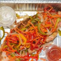 Escovitch Red Snapper · Sizzling Red snapper fish with vegetables and fried plantain