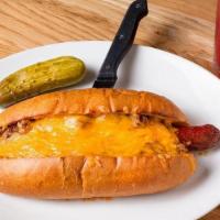 Chili Cheese Dog · All beef hot dog on a bun with homemade chili and shredded cheddar cheese