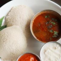 Idly (2) · Savory rice and lentil cakes, steamed fluffy and served with chutney and Sambhar soup