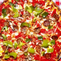 Large Red Pizza W. Sausage, Onions And Peppers · This is one of our Chef's Favorite Pizza Topping Combinations! Thin crust, cheese, and tomat...